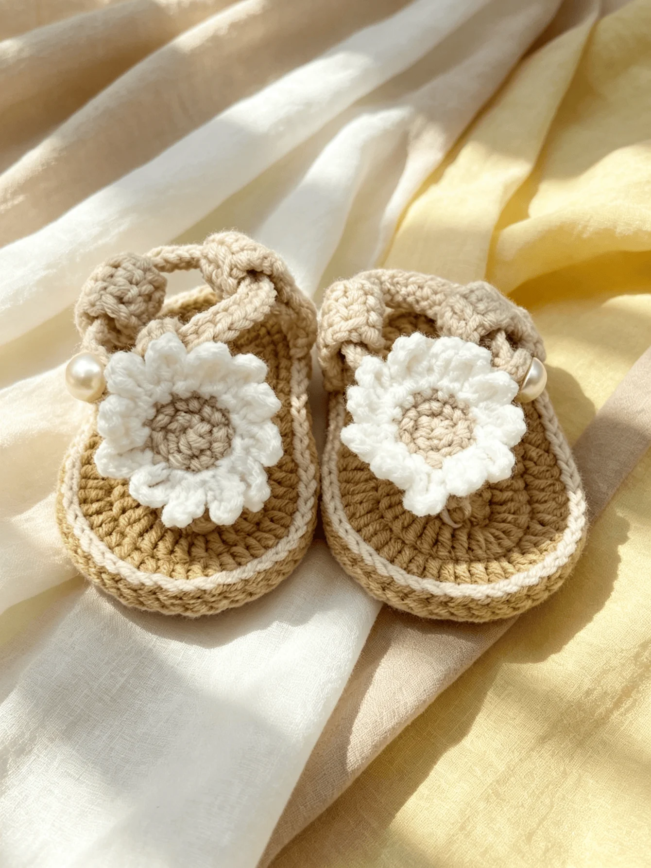 1 Paar handgefertigte gehäkelte Babysandalen für Mädchen, rosa und beige, Blumenakzent mit Perle, Neugeborenen-Schuhe – Detail 2
