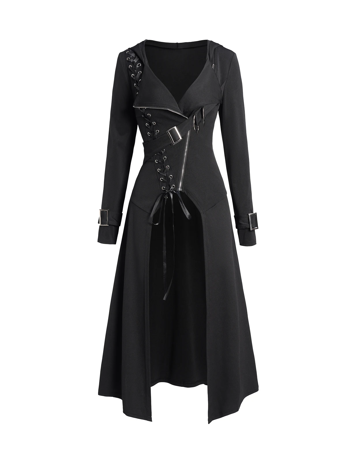 Dressfo Vestido de mujer Otoño Primavera Punk Gótico Abrigo con capucha Color liso Abrigo largo con cremallera y cordones