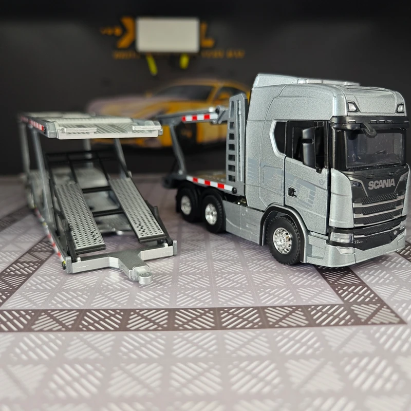 1:50 simulation Full alloy sliding Scania double decker transport vehicle model engineering flat trailer truck static ornament