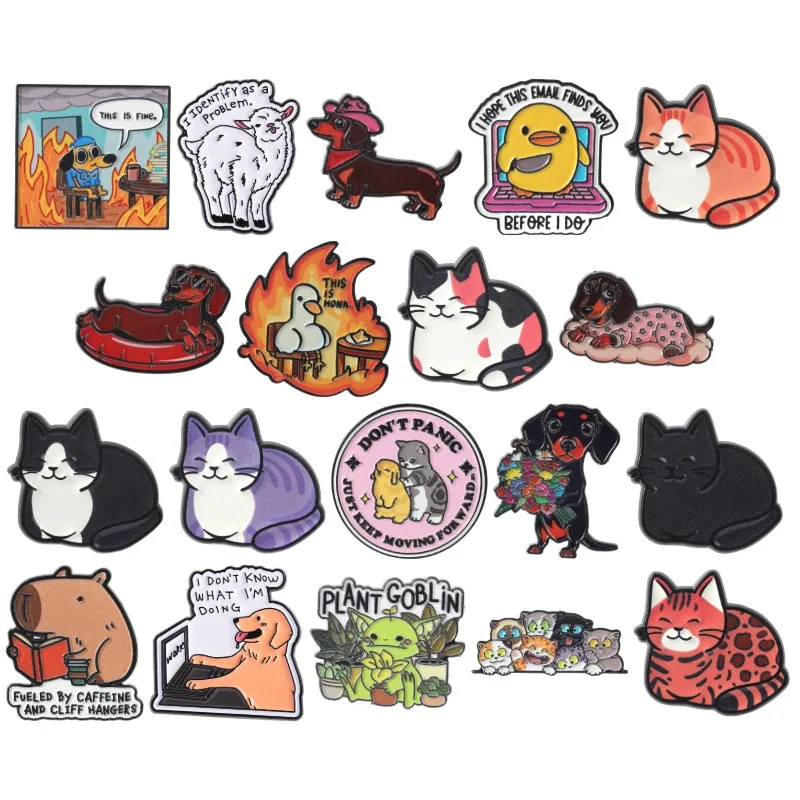 Cat Dog Collection Enamel Pins Tabby Cats Dachshund Brooches Dogtor This Is Fine Badge Plant Goblin Capybara Book Jewelry Gift