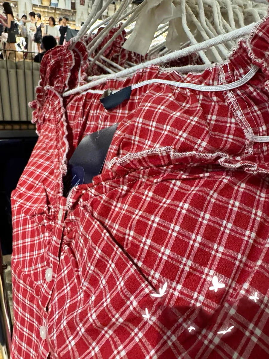 新作 レッド チェック柄 ヴィンテージ Tシャツ ブラウス レディース ラッフル Vネック シングルブレスト スリム ティー サマー カジュアル スイート コットン パフスリーブ シャツ