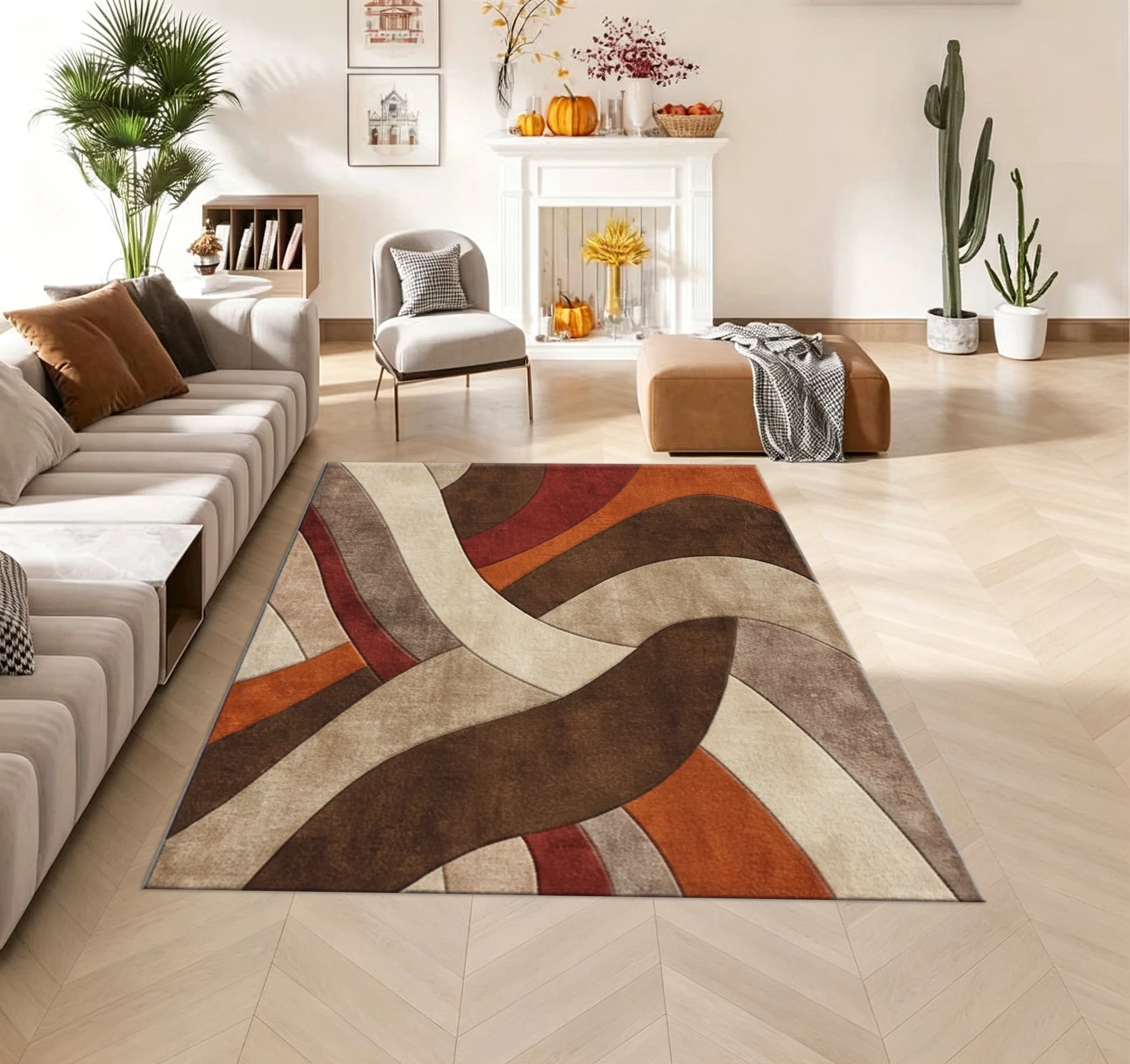 Mid Century Modern Curved Pattern Carpet Flooring Washable Large Area Rug for Living Room Dining Room Home Decoration