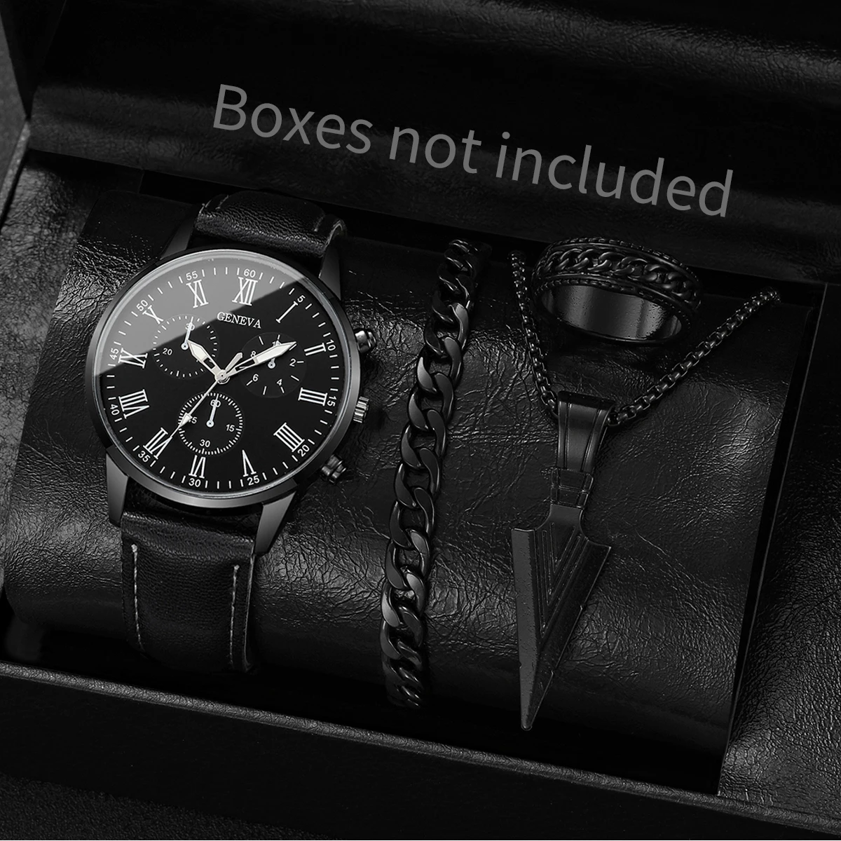 4PCS/Set Fashion Men Watches Casual Leather Band Analog Quartz Wrist Watch for Men Business Clock Gift Jewelry Set（Without Box）