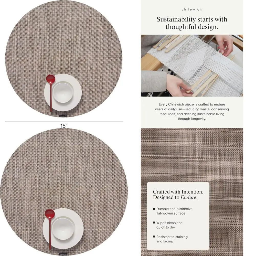 

15 Round Soapstone Mini Basketweave Placemats - Set of 4 - Durable Indoor/Outdoor Woven Textiles - Easy Care