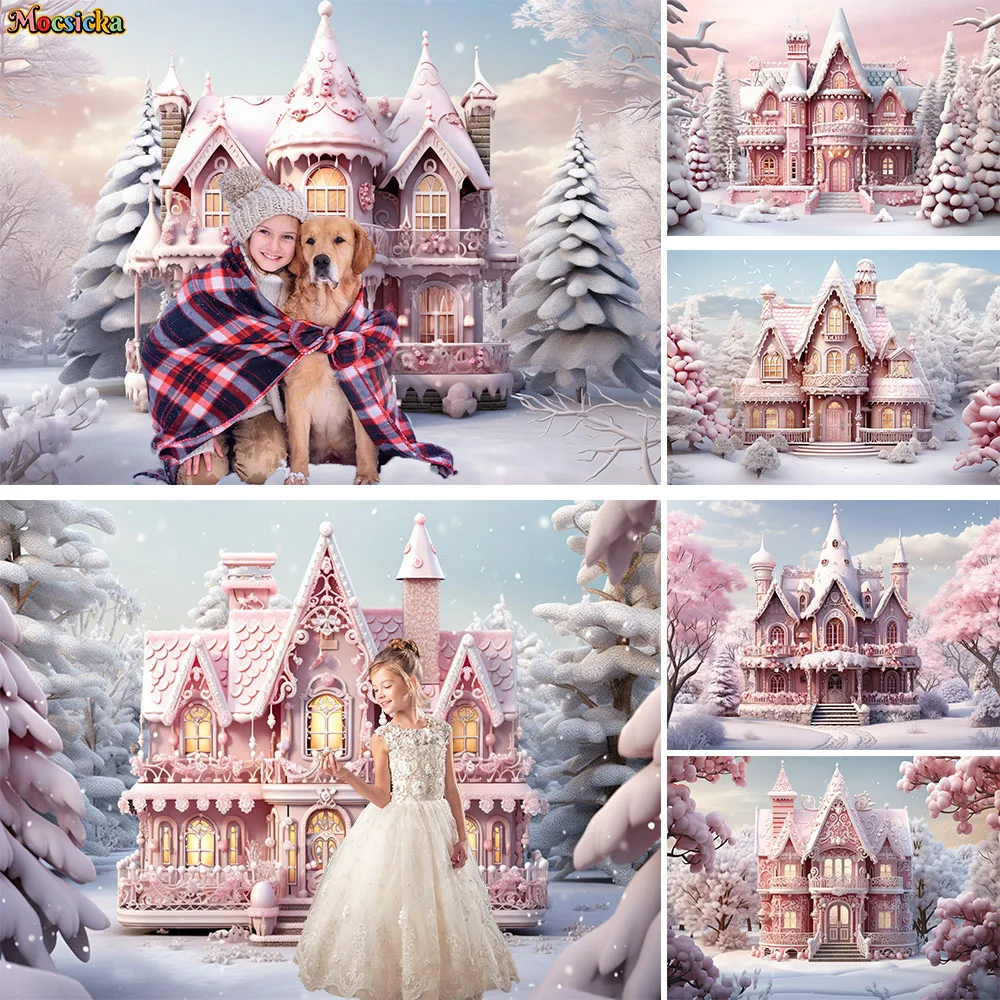 

Christmas Winter Candy Background Banner Pink Xmas Tree Wonderland House Snow Decor Backdrop Photozone Baby Girl Photo Studio