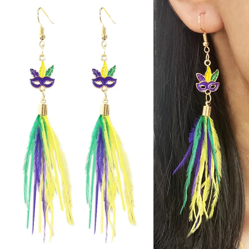 

Mardi Gras Dangle Earrings Pack Fleur De Lis Mask Crow Tassel Feather Drop Dangle Earrings Set Boho Handmade - 10pair/set