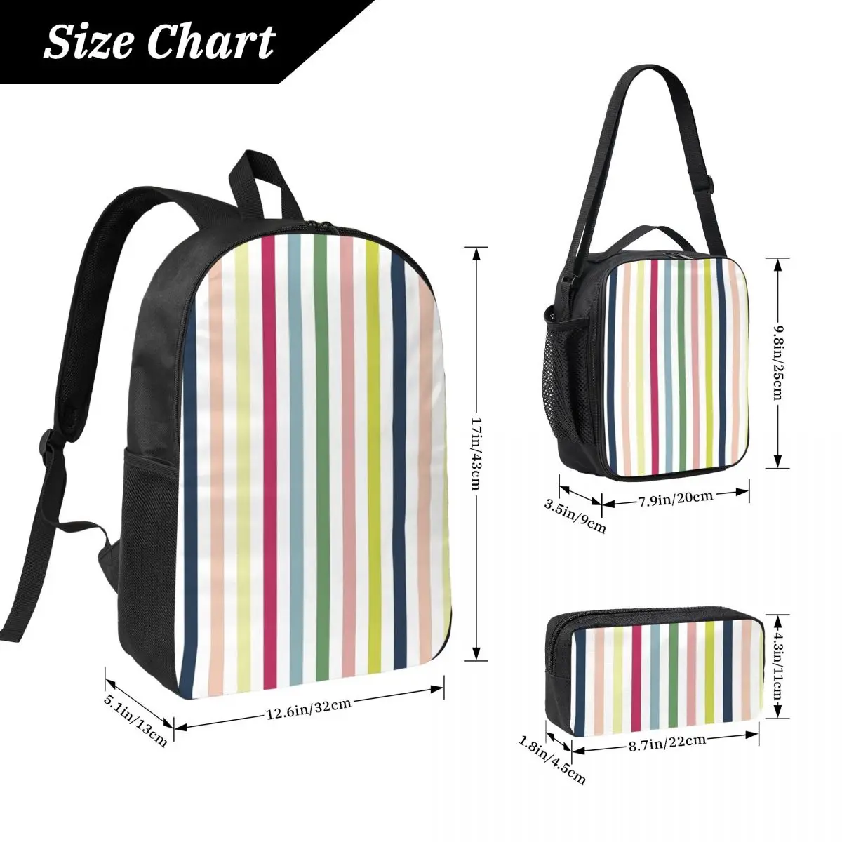 Stripes On Multi Colours Backpack Student Boy Girl BookBag School Bag Computer Shoulder Bags 3ps Insulated Lunch Bag Pencil Case