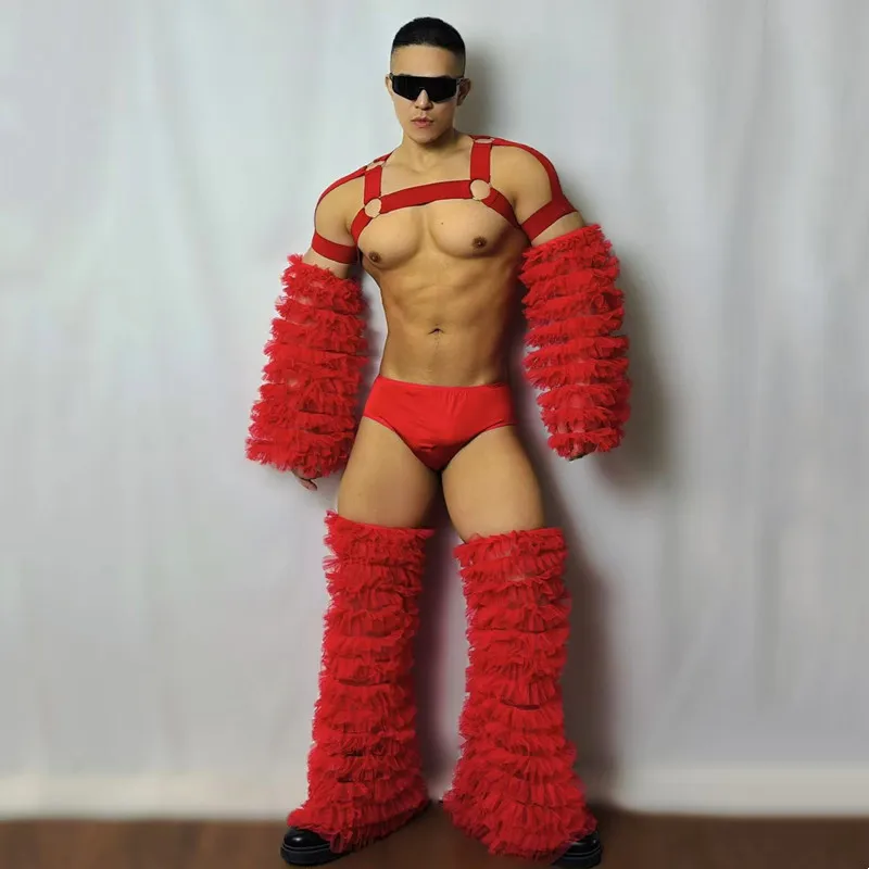 

Red Gauze Bandage Set Nightclub Bar Party Rave Outfit Male DJ Gogo Dancer Sexy Performance Stage Costume Halloween Theme