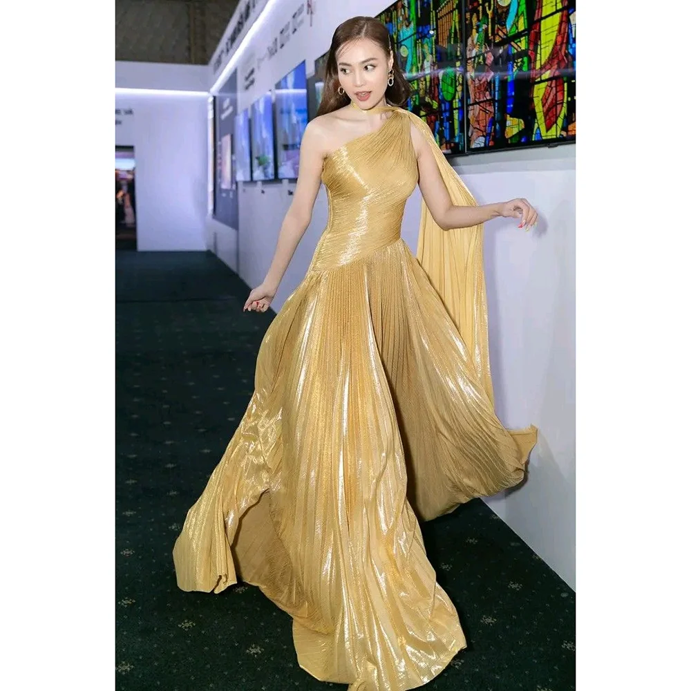 

One Shoulder Sleeveless Floor Length A Line Prom Gown Solid Color High Quality Evening Dress Dinner Party Skirt