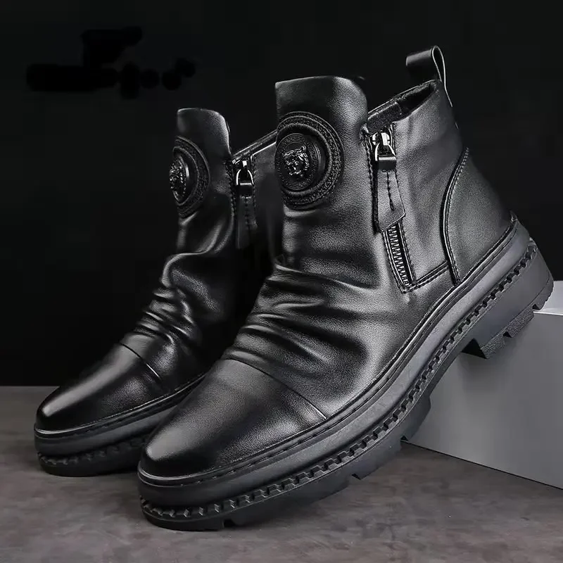 

2025 Autumn and Winter New High Top Leather Boots Men's Versatile Zipper Workwear Boots with Plush Warm Casual Boots