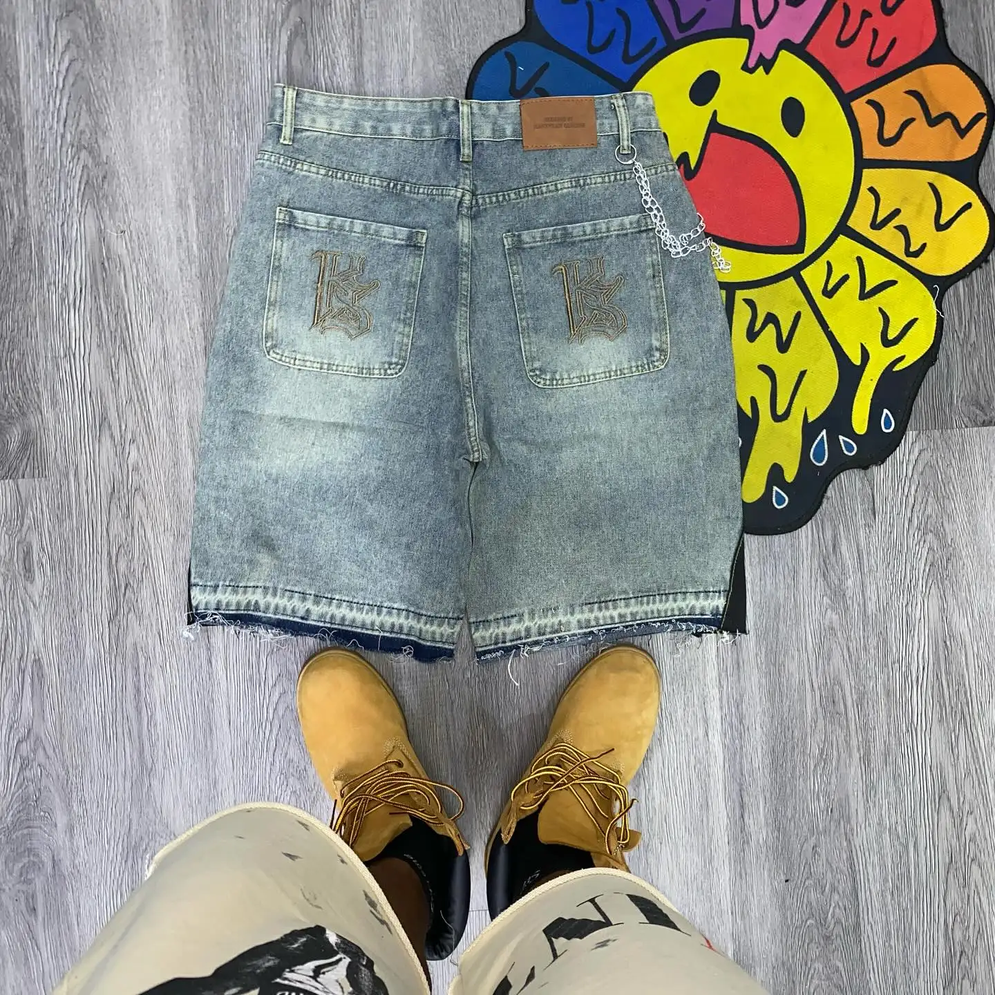 Men Women American Denim Shorts Y2K Jeans Gothic Cartoon Patchwork Embroidery Retro Blue Loose Fitness Casual Basketball Shorts