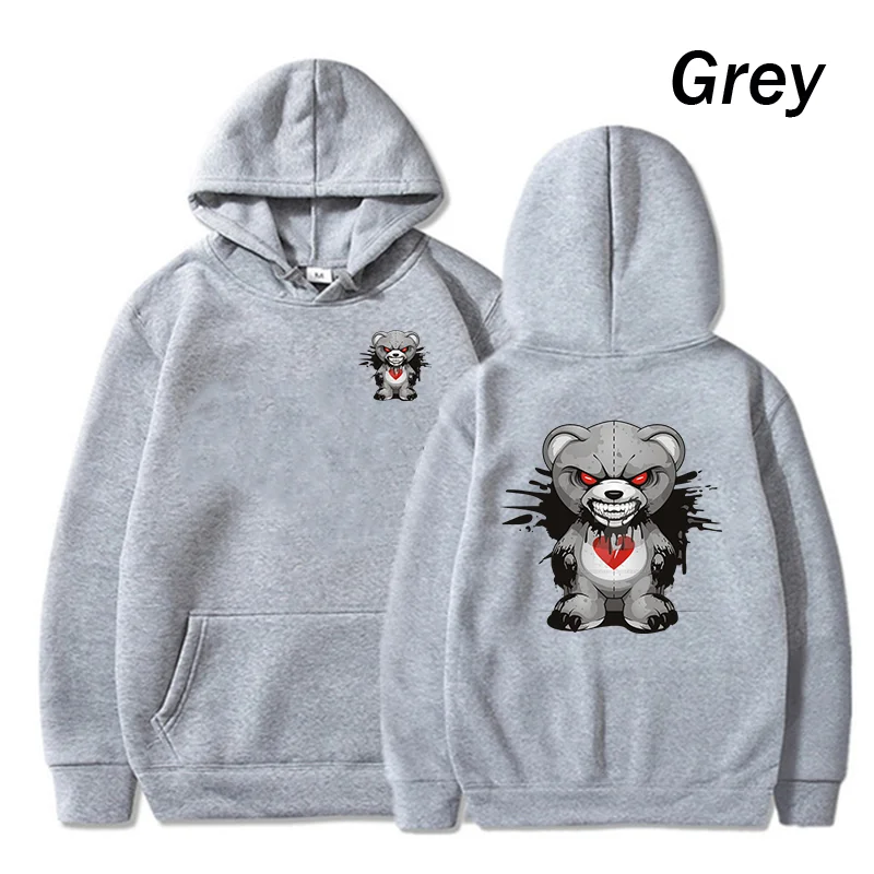 New Funny Evil Bear Hoodie Bear Print Clothing Casual Hooded Men Fashion Sweatshirts Fleece Loose Streetwear