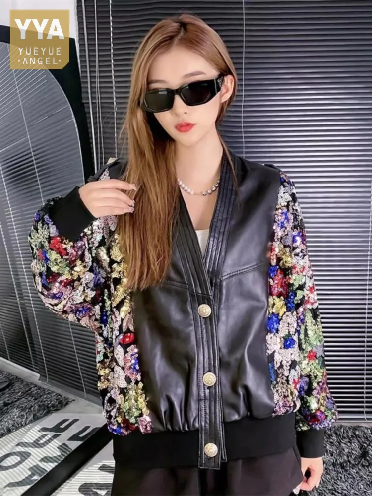 

Fashion Women Shiny Colorful Sequined Stage Show Bomber Jacket Batwing Sleeve Spliced Sheepskin Genuine Leather Loose Fit Jacket