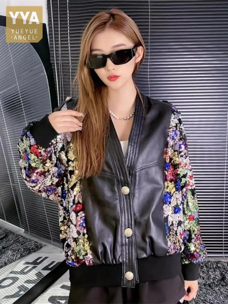 Fashion Women Shiny Colorful Sequined Stage Show Bomber Jacket Batwing Sleeve Spliced Sheepskin Genuine Leather Loose Fit Jacket