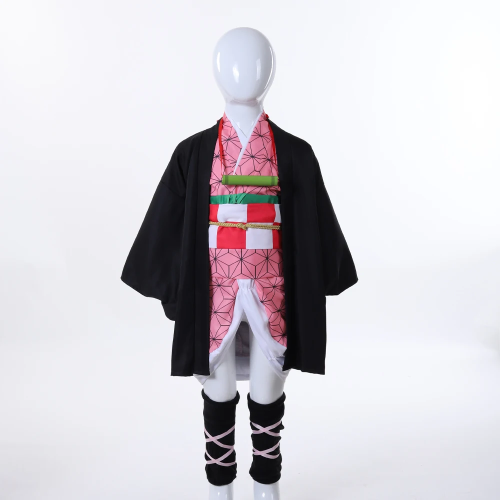 مجموعة كاملة من Nezuko Kamado التأثيرية على الطراز الياباني كيمونو وردي كيمونو مع كمامة من الخيزران لأداء مرحلة اتفاقية الرسوم المتحركة