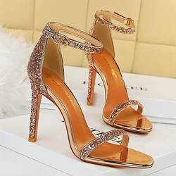 Women Summer Platform Sandals 10cm High Heels Silver Bling Sequins Ankle Strap Sandles Lady Wedding Bridal Sparkly Fetish Shoes