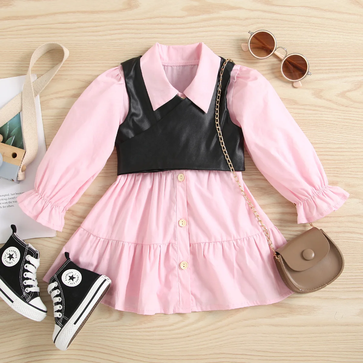 2PCS Girls\' Cotton Pink Shirt with Leather Vest Casual Shirt Suitable for Party School Uniform Easy Care