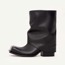 Arden Furtado 2024 Winter big square toe Square heel ankle boots Turned-over Edge Slip-on Middle heel Pipe Boots Modern boots