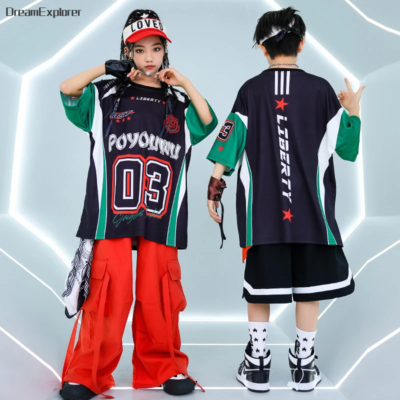 Boys Hip Hop Contrast T-shirt Street Dance Shorts Girls Loose Red Cargo Pants Child Streetwear Kids Jazz Costumes Clothes Sets