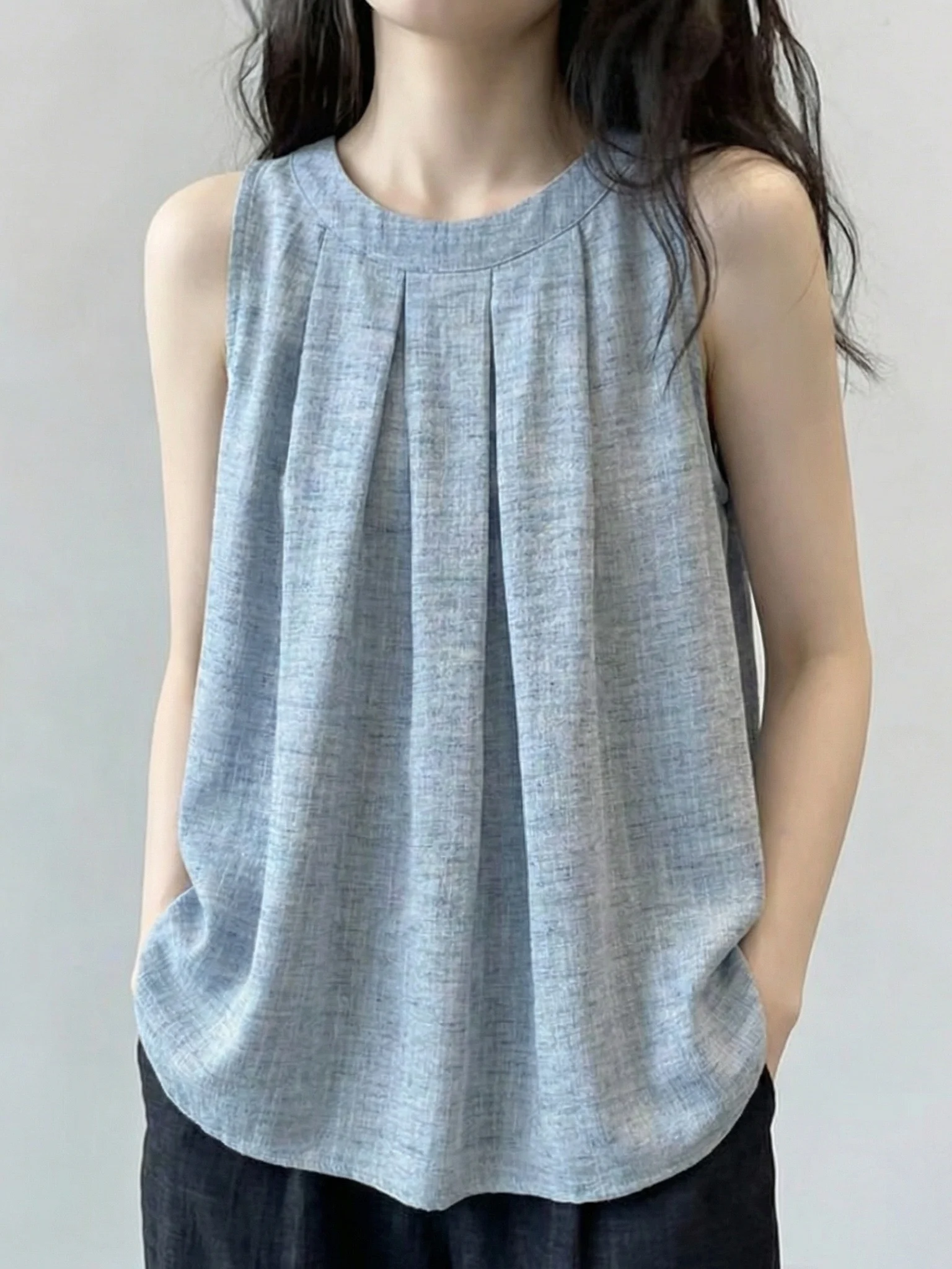 Summer New plus Size Women's Dyeing Neck Hanging Strap Vest Top Outerwear Casual  Color round Neck A-Line Narrow Strap Vest
