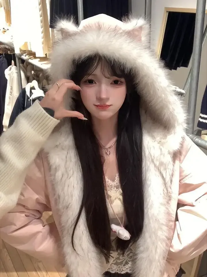 Kawaii Y2K Jacket Winter Fur Collar Sweet Hooded Women Thick Jacket Casual Tops Zipper Loose Fashion Hooded Coat New Clothes