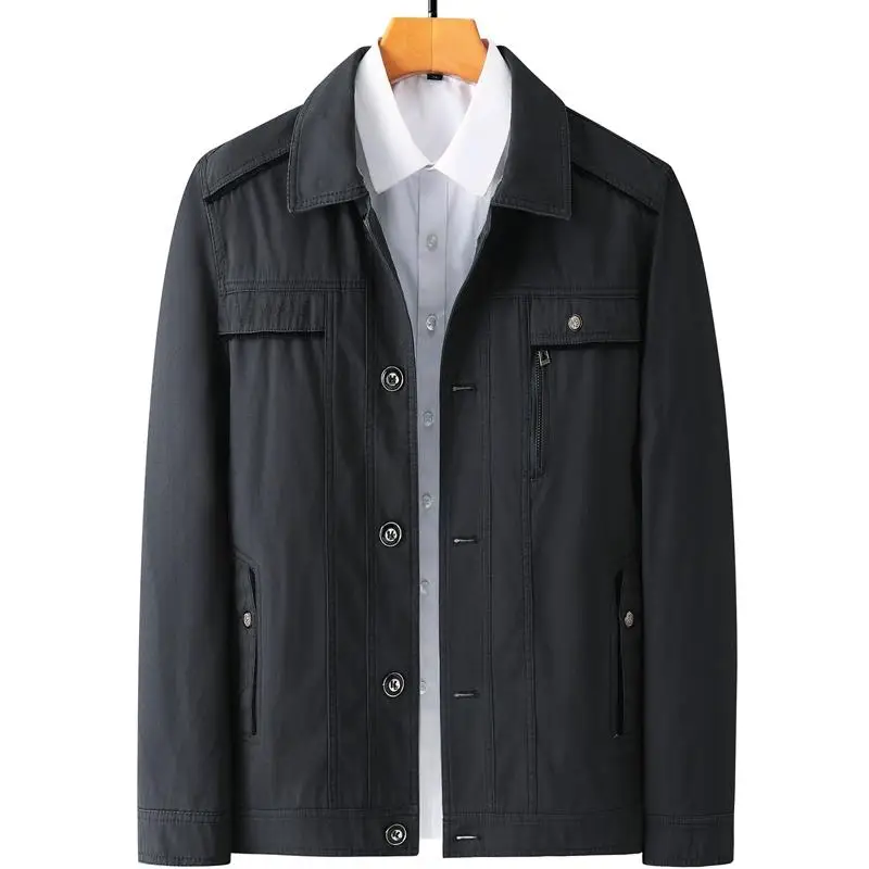 

Spring Autumn Pure Cotton Jaet Dad Sle Flip Collar Men's Faion Urban Loose Fit Long Sve Windproof Coat for Middle-Ag...
