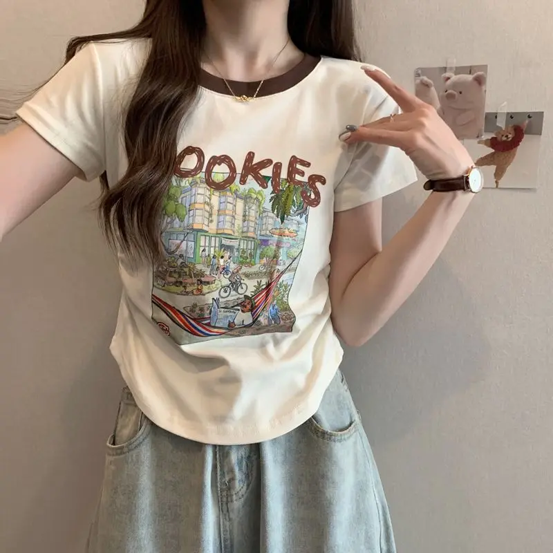 Women Summer Korean Simplicity Loose Printing Letter Letter Pink Cotton O-neck Soft Short Sleeve Women Clothes Tee Shirt Top Tee