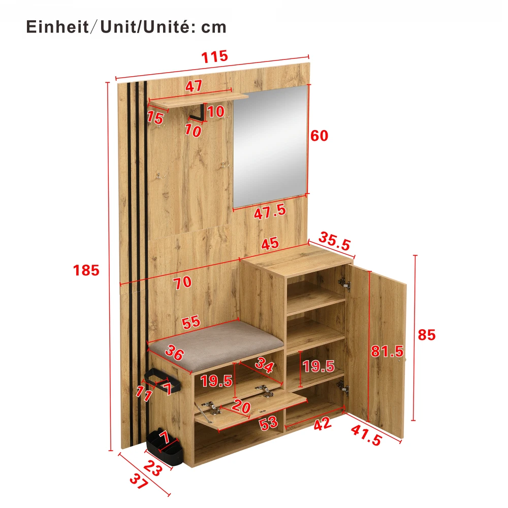 Kleiderschrank-Set, kompakter Flur-Kleiderschrank mit Spiegel und Kissen mit schwarzem Zierstreifen, Regal, Flur-Kleiderschrank, Schuhschrank – Detail 5