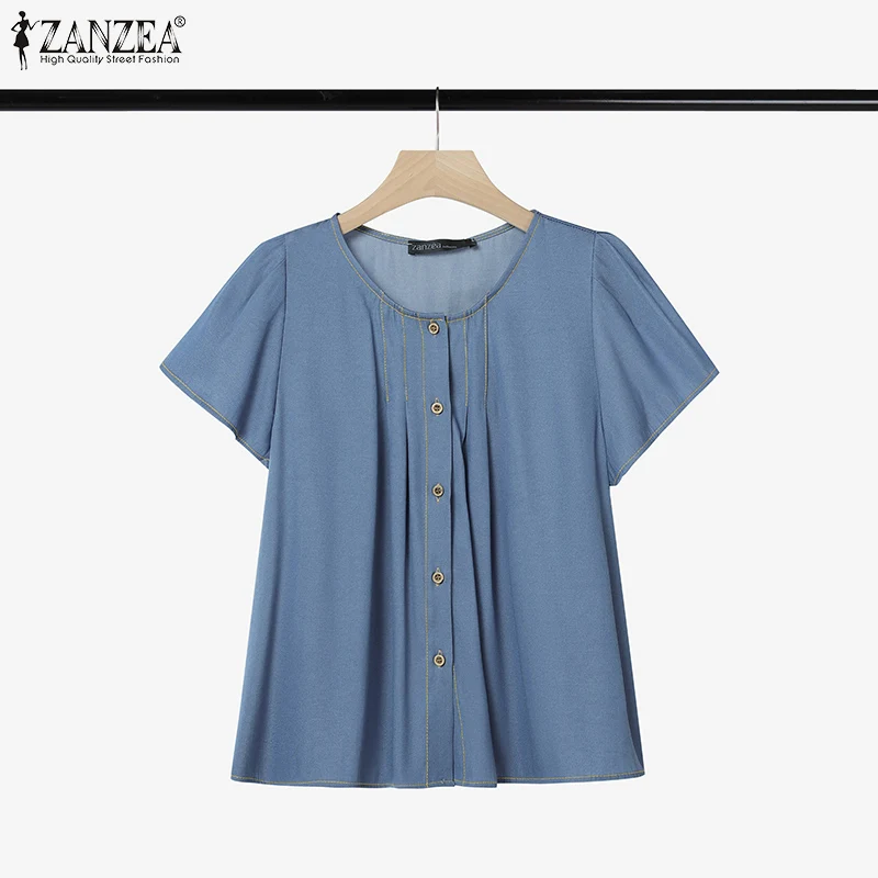

ZANZEA 2026 Летняя элегантная женская блузка с коротким рукавом, однотонная повседневная туника с круглым вырезом на пуговицах, оверсайз