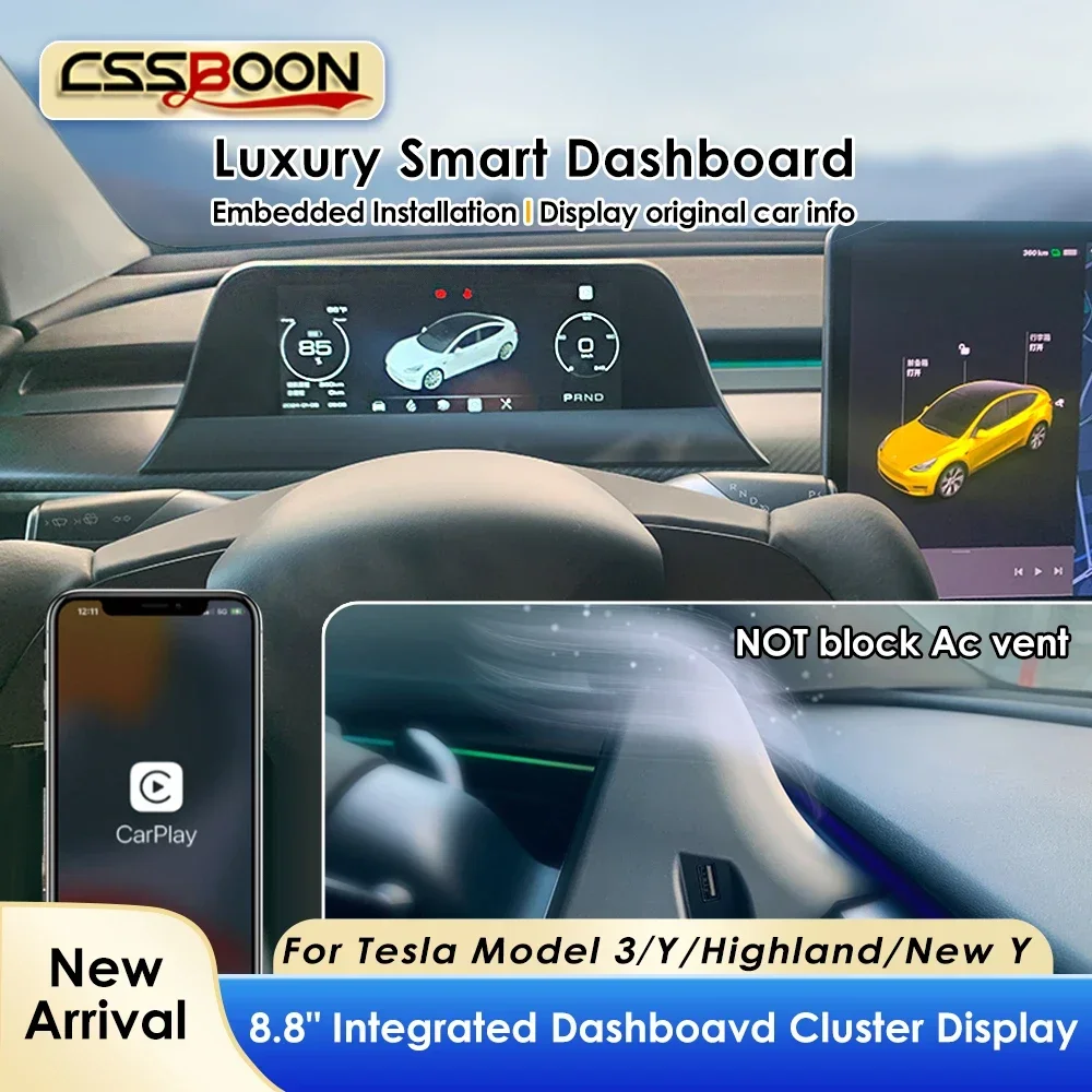 CSSBOON Model 3 Y Dashboard Display 8.8inch Support Carplay for Tesla New Y Modified Head Up Speedometer Instrument Cluster