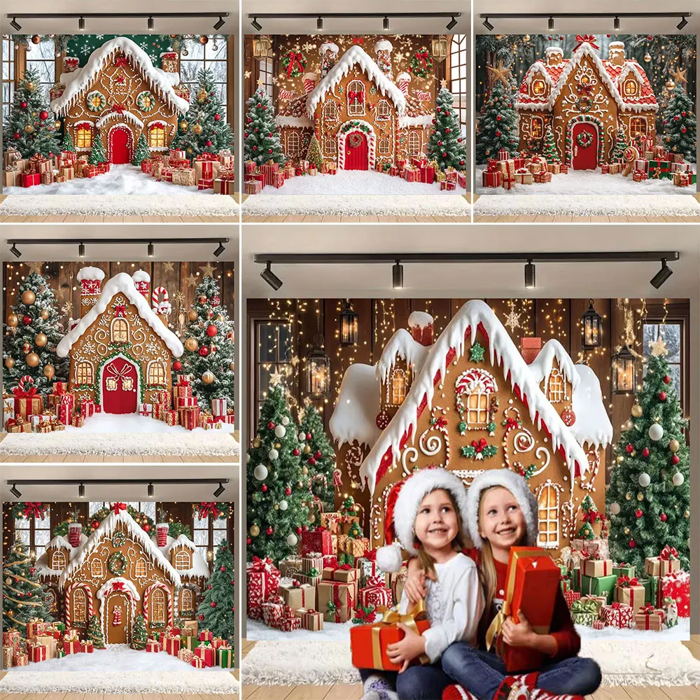 Christmas Party Snowy Gingerbread House Photography Background Glitter Xmas Tree Lantern Gift Booth Kid Winter Birthday Portrait