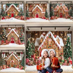 Christmas Party Snowy Gingerbread House Photography Background Glitter Xmas Tree Lantern Gift Booth Kid Winter Birthday Portrait