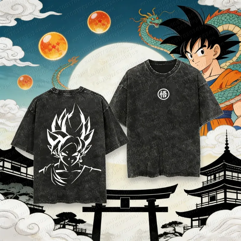 Anime Dragon Ball Cosplay Washed T-Shirt Cotton Short Sleeve Loose Large Casual Sports Fitness T-Shirt Men's Harajuku Clothing