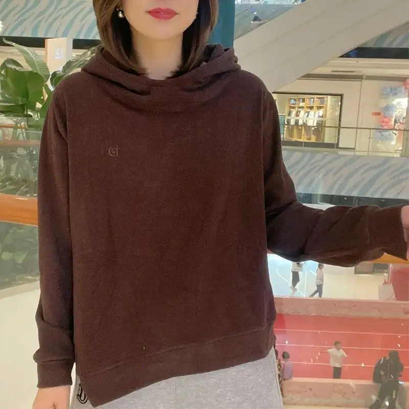 German Velvet Korean Version Fashionable Loose and Warm Hooded Sweatshirt for Women 2024 Autumn and Winter New Long Sleeved Top