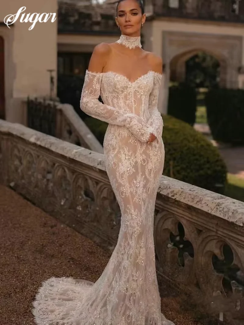 Abito da sposa a sirena senza spalline in pizzo Sweep Train Sirena con scollo a cuore profondo Cerniera Abiti da sposa Donna Vestido De Novia Personalizzato