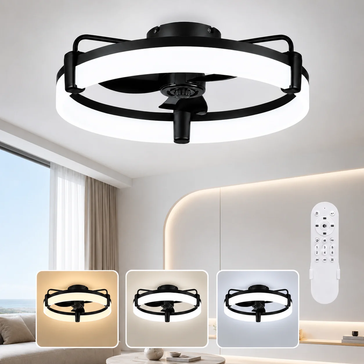 Ventilatori da soffitto LED reversibili Aiopp con luci, 3 temperature di colore e 6 velocità, ventilatore da soffitto rotondo super silenzioso con tim