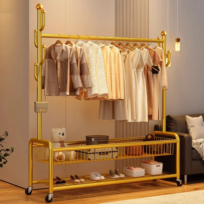 Metal Gold Home Luxury Independent Rolling Clothing Hanger with Storage Basket