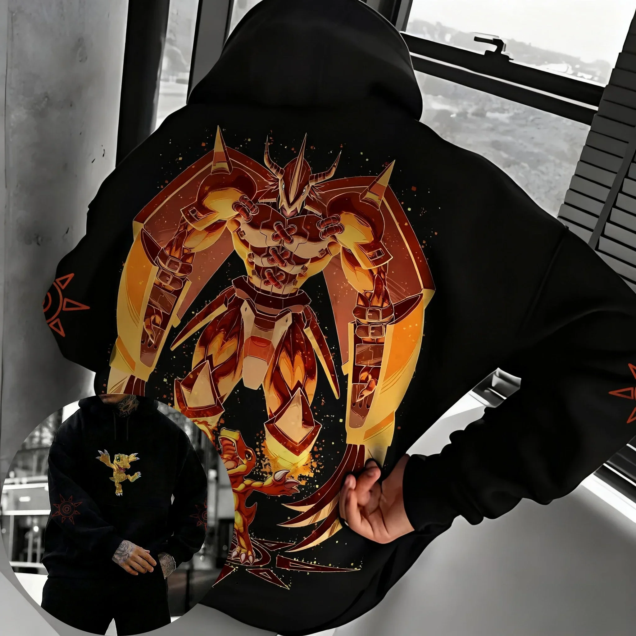 

Digimon Adventure Men's Hoodies Autumn/Winter War Greymon Anime Printed American Trend Y2K Casual Trend New Child Top