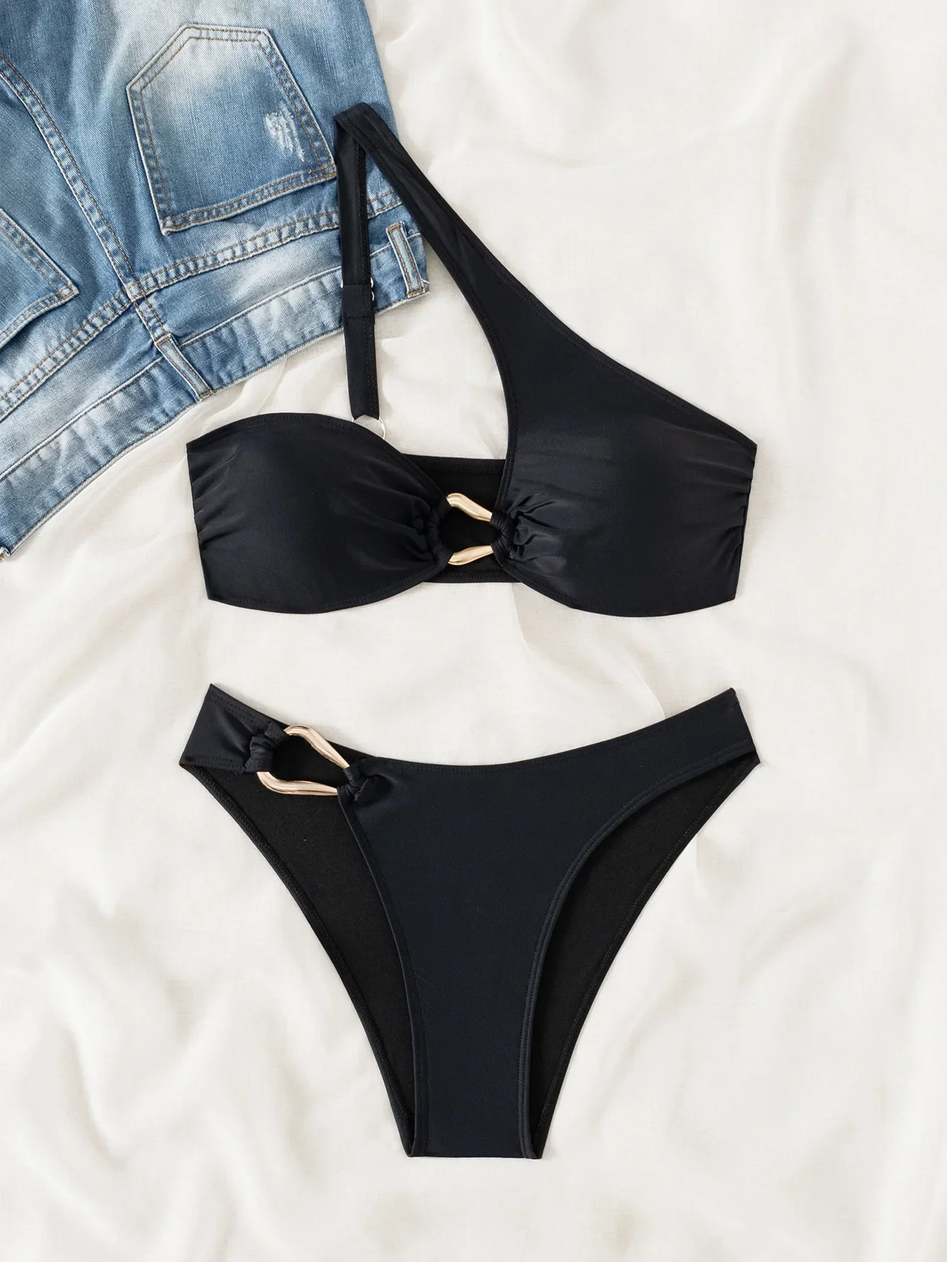 2025 New Women's Bikini Set Sexy Single Slant Shoulder Backless Swimsuit 2 Piece Set Beach Vacation Summer Bathing Suit Swimwear