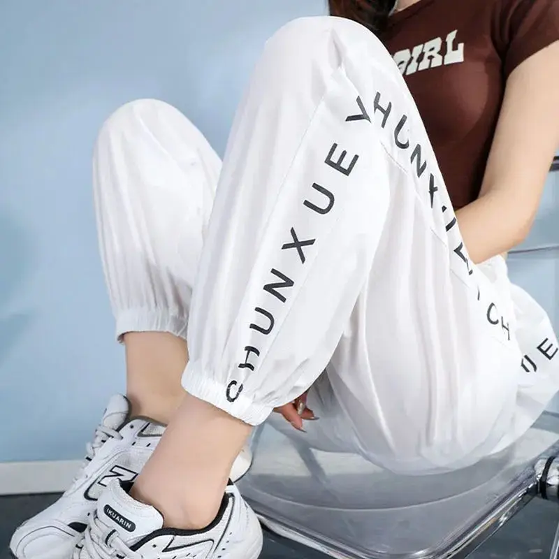 Women's Summer Trendy Letter Print Ice Silk Ankle Length Pants Quick Drying Casual Streetwear Sports Joggers Trousers Pantalones