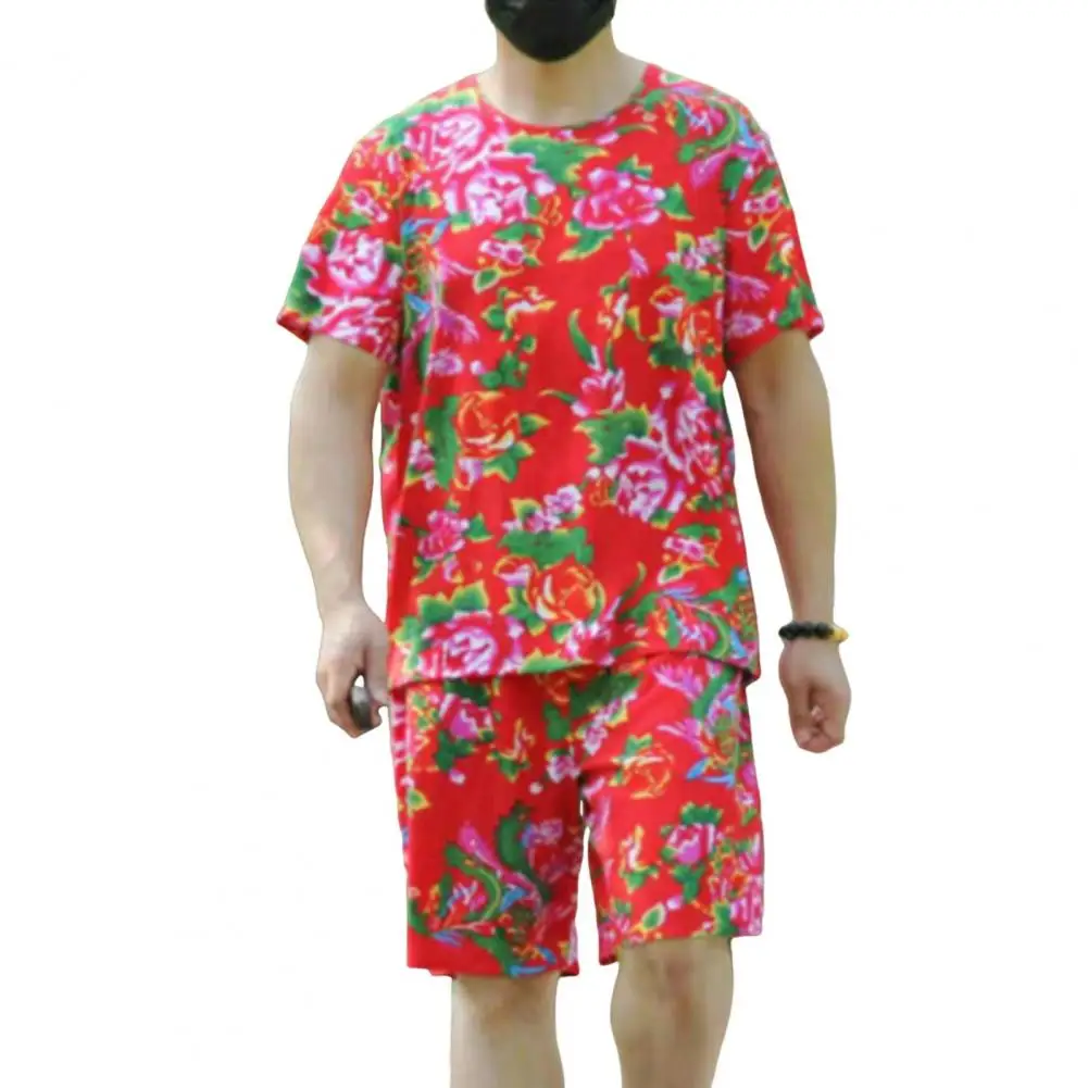 

T-shirt Shorts Set Chinese Ethnic Style Men's Outfit Set with O-neck Short Sleeve Tops Wide Leg Shorts Northeastern