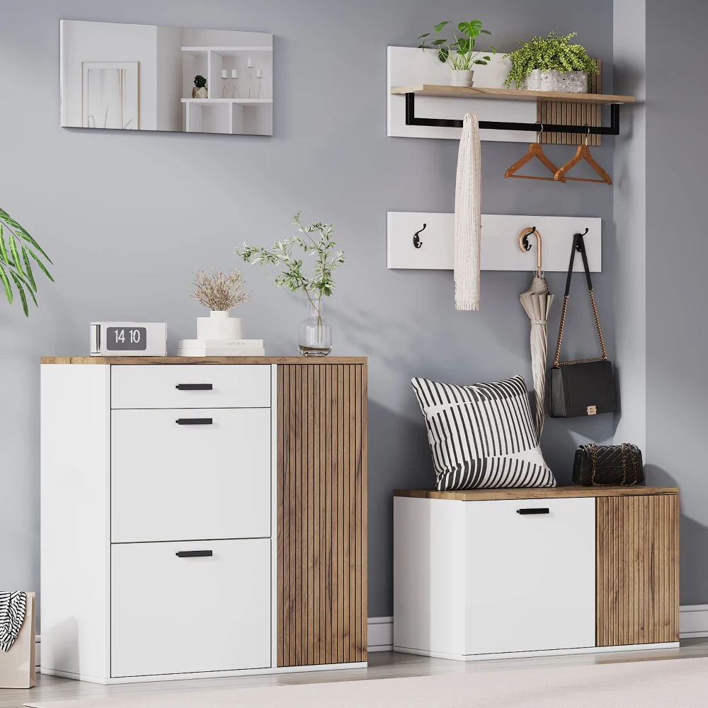 PINGGO 5-teiliges Eingangsbereich-Schuhregal-Set mit Schuhbank, Spiegel, Hängetasche und 4 Haken für Flur und Wohnzimmer – Detail 2