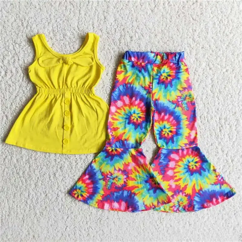 RTS Fashion 2022 Design Girl Clothes t Yellow Short Sleeves Colorful Ripple Print Pants Baby Clothing Sets Children Hot Selling