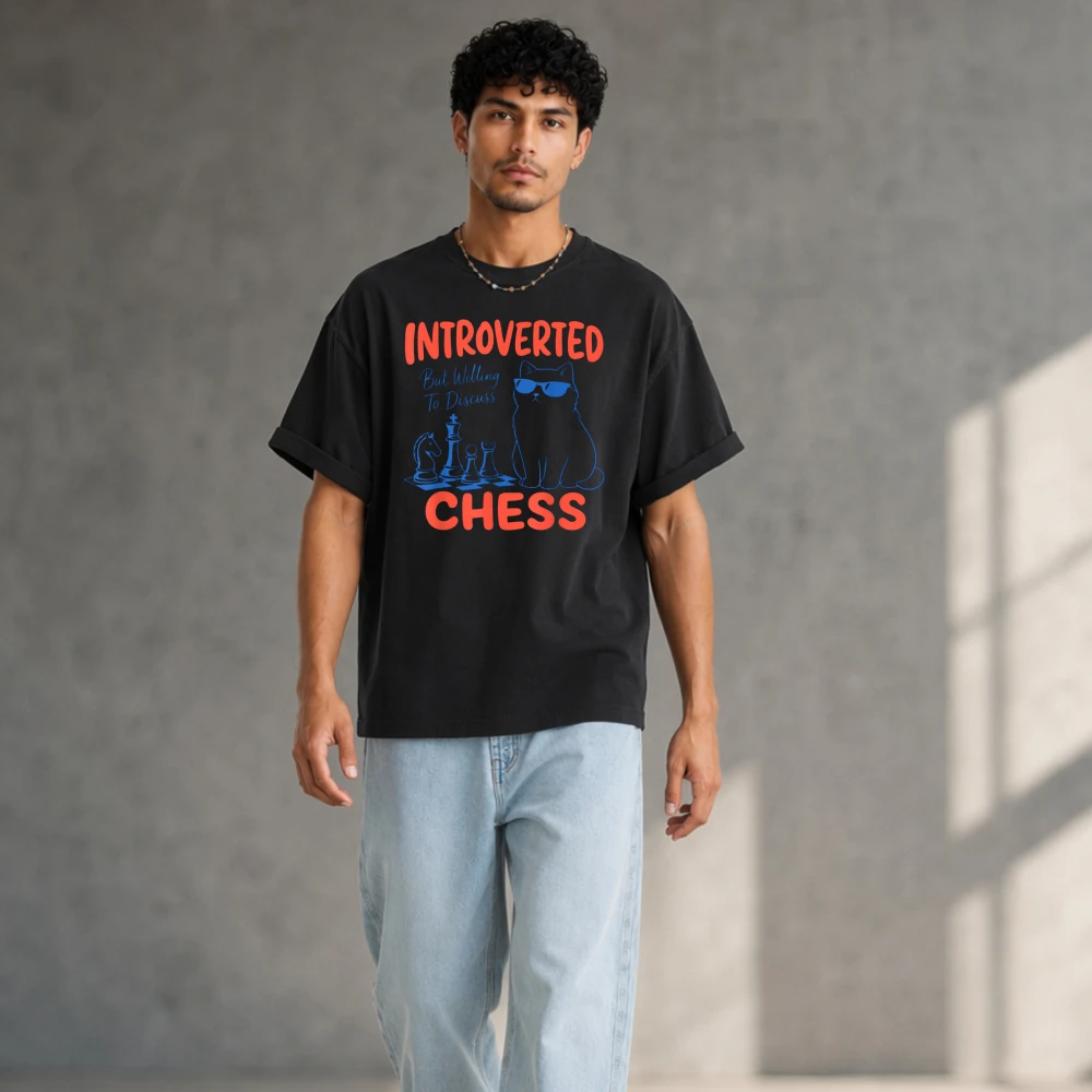 Introverted Chess Cool Cat Drawing Graphic T Shirt Unisex Pure Cotton Casual Introvert Chess Player Funny Streetwear Daily Tees