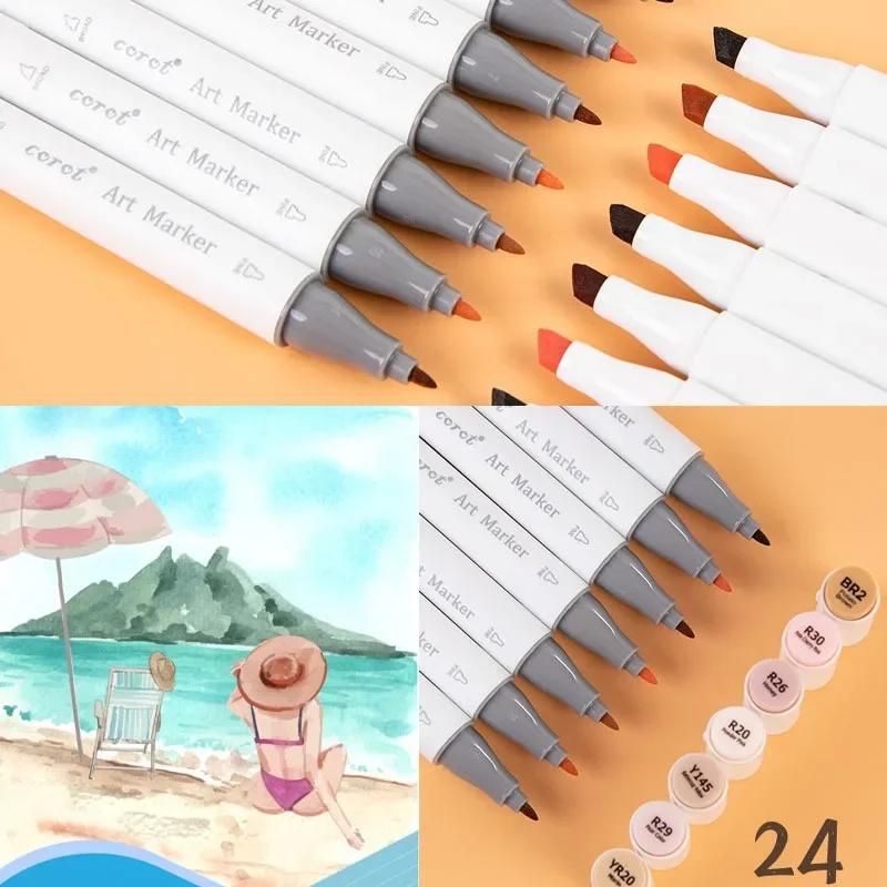 24 Skin-tone Colors Double-headed Marker Pen Set for Students in Art Animation Painting Design Watercolor Pens