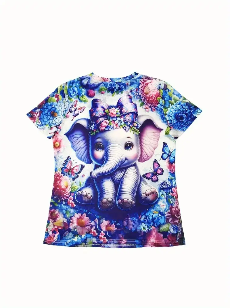 Cartoon Elephant Print Crew Neck T-Shirt Cute Short Sleeve T-Shirt For Spring And Summer Women\'s Clothing