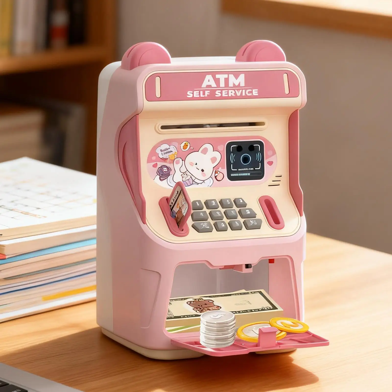 子供用ATM銀行 音楽付き電子式 顔認証 自動お金巻き取りATM銀行 男の子 女の子 家庭用 幼稚園用
