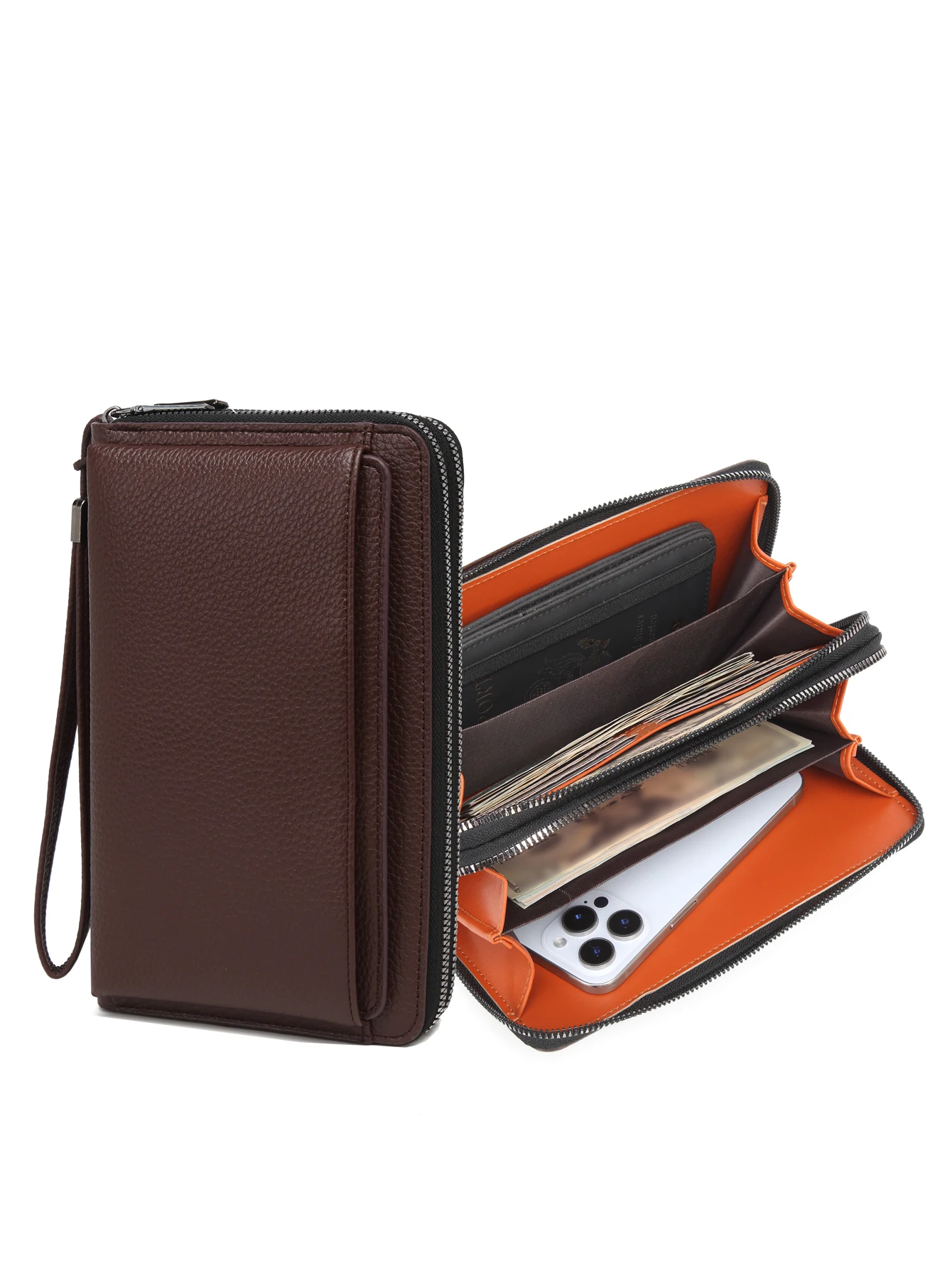 

Men's PU Leather Clutch Bag Dual Zipper Large Capacity (Fits Phone) with Detachable Wrist Strap, Pull-Out Card Slots & ID Window