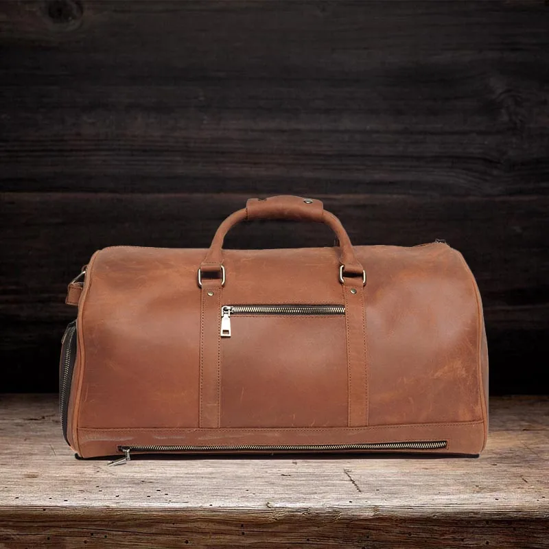 RIYAO Genuine Leather Travel Bag Men Vintage Large Capacity Luggage Travel Bags Business Trip Handbag Tote Shoulder Bag Male