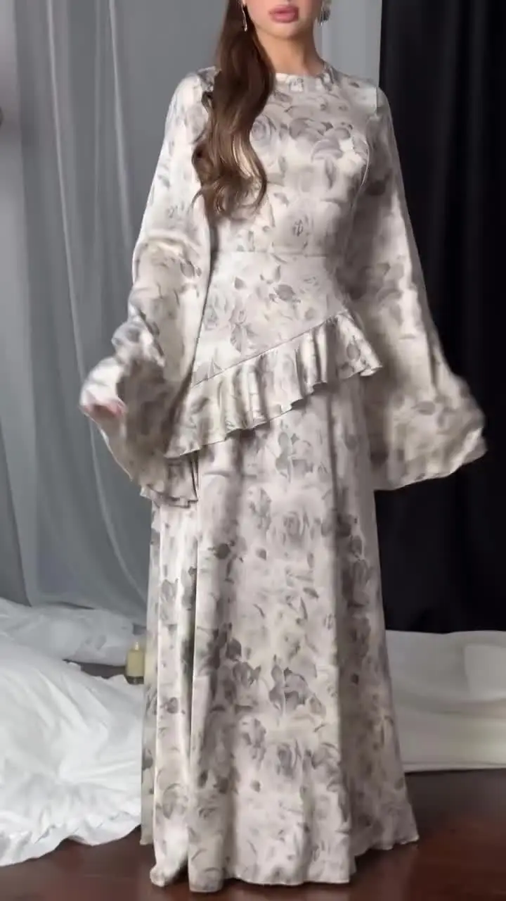 Abito donna musulmana Abaya stampa floreale Abiti Jalabiya Abiti con lacci Abaya Abito lungo arabo Ramadan Caftano marocchino 2025